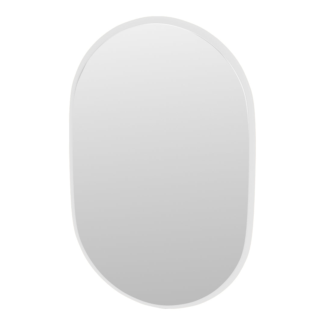 Oval wall mirror with a sleek white frame and smooth reflective surface, perfect for modern decor.