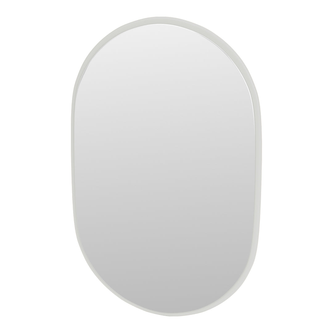 Oval mirror with a sleek white border, featuring a minimalist design and smooth reflective surface.