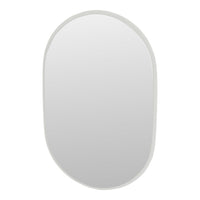 Oval mirror with a sleek white border, featuring a minimalist design and smooth reflective surface.