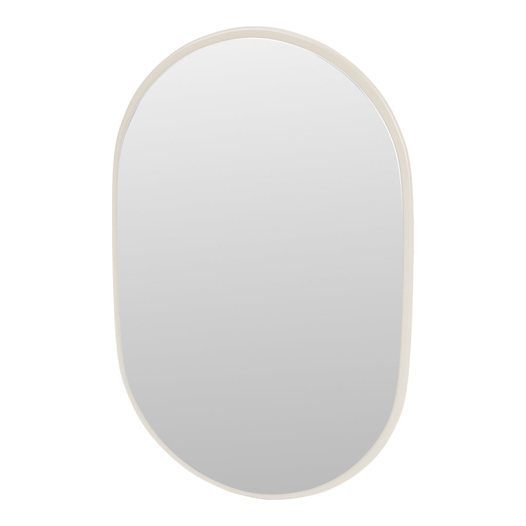 Oval mirror with a sleek, cream-colored frame and a minimalist design, perfect for modern decor.