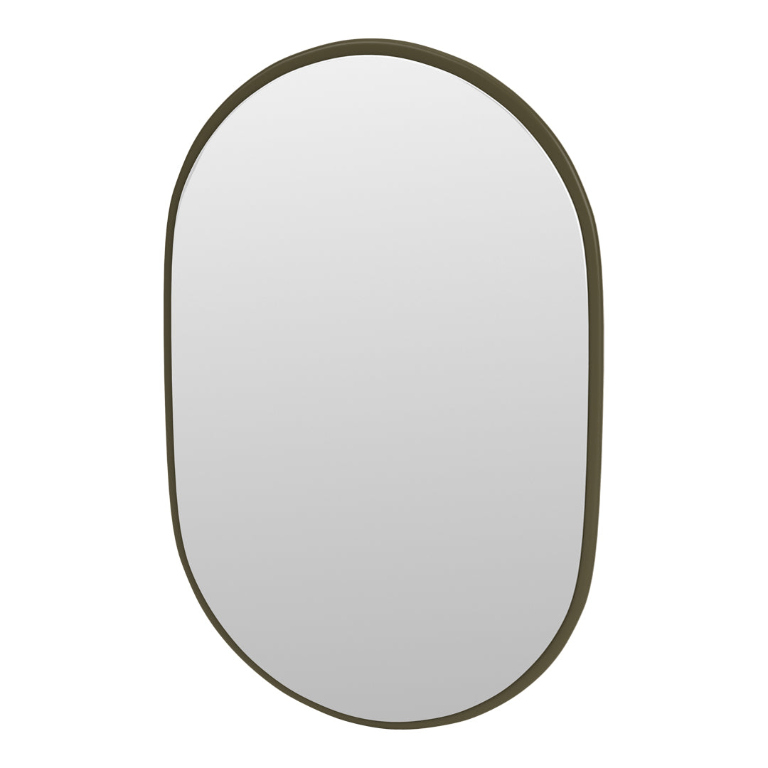 Oval mirror with a sleek, olive green frame, featuring a smooth, reflective surface and minimalistic design.