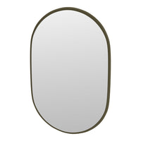 Oval mirror with a sleek, olive green frame, featuring a smooth, reflective surface and minimalistic design.