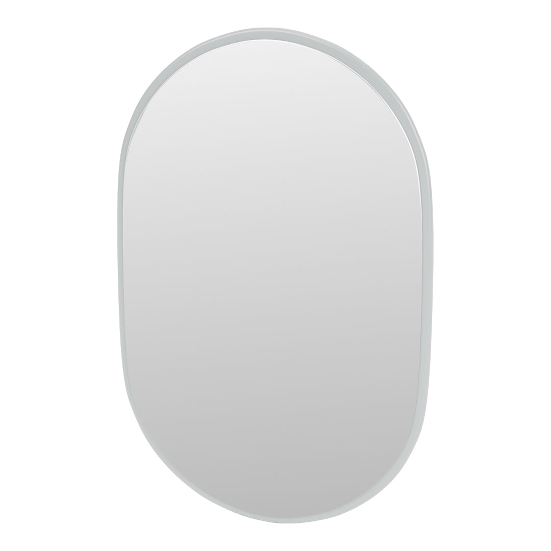 Oval mirror with a sleek, minimalist design featuring a soft gray frame and a smooth reflective surface.