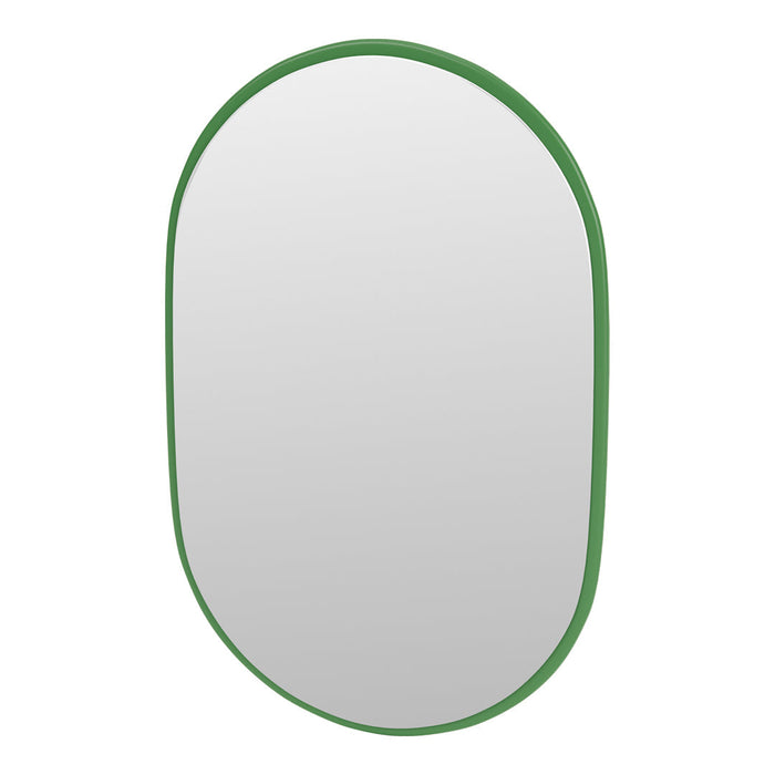 Green-framed oval mirror with a sleek, minimalist design and reflective surface, adding a pop of color to any decor.