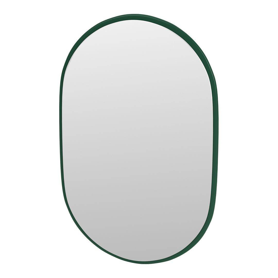 Oval mirror with a sleek green frame, featuring a minimalist design and reflective surface.