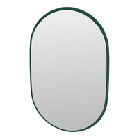 Oval mirror with a sleek green frame, featuring a minimalist design and reflective surface.