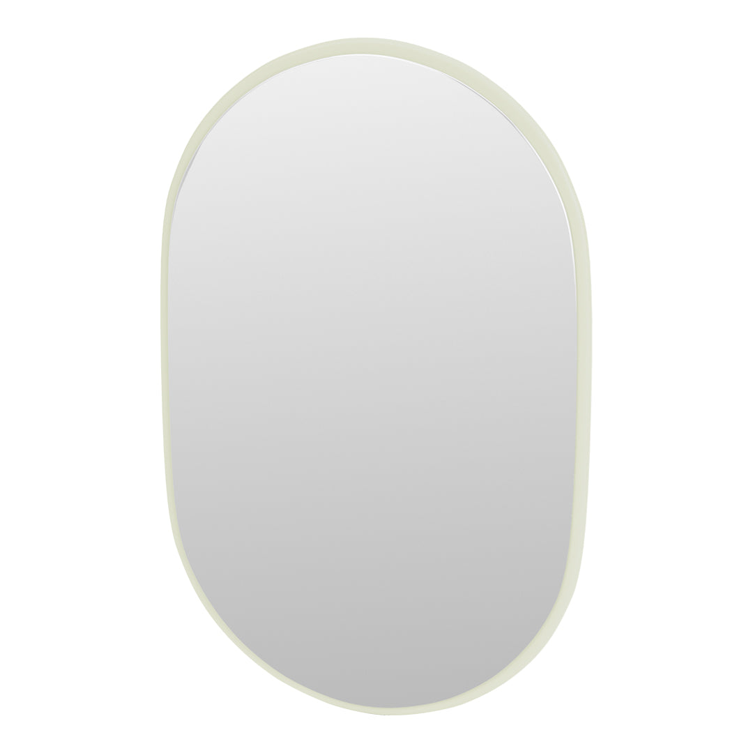 Oval wall mirror with a soft mint green frame, featuring a sleek, minimalist design and a reflective surface.