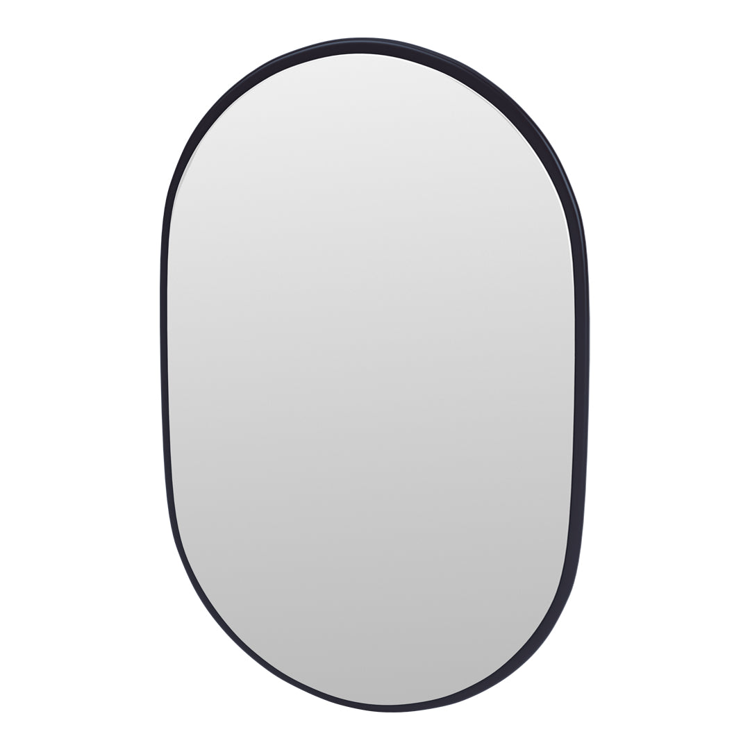 Oval mirror with a sleek black frame, reflecting a clean, modern aesthetic. Ideal for any contemporary decor.