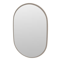 Oval mirror with a sleek beige frame, featuring a minimalist design and clear reflective surface. Perfect for modern decor.