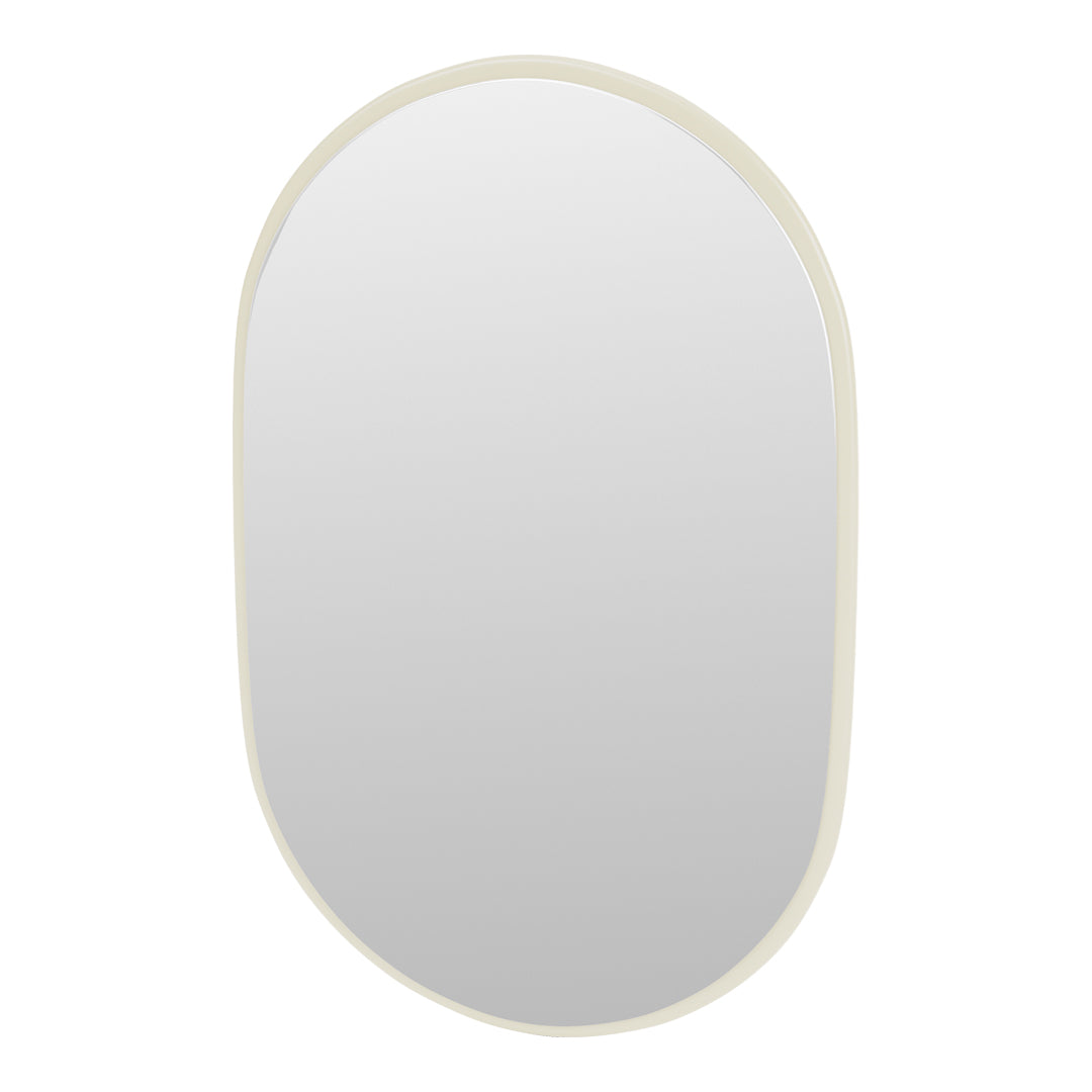 Oval wall mirror with a soft cream frame, featuring a smooth, clear reflection. Ideal for modern decor.