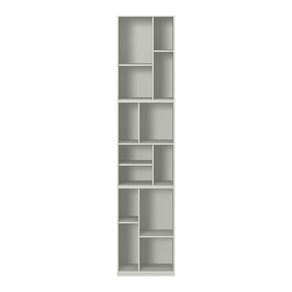 Vertical bookshelf in soft grey with geometric open shelves, adding modern elegance to any space.