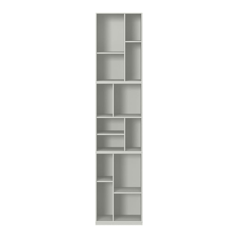 Vertical bookshelf in soft grey with geometric open shelves, adding modern elegance to any space.