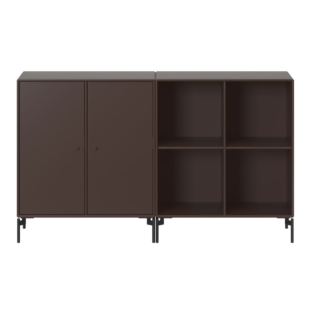 Dark brown modern storage cabinet with a sleek design and metal legs, featuring a mix of closed and open compartments.