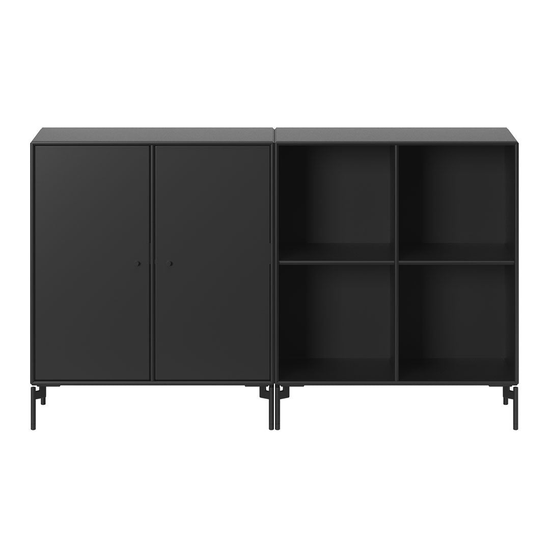 Black modern storage cabinet with sleek finish and minimalist design, featuring both closed and open shelving.