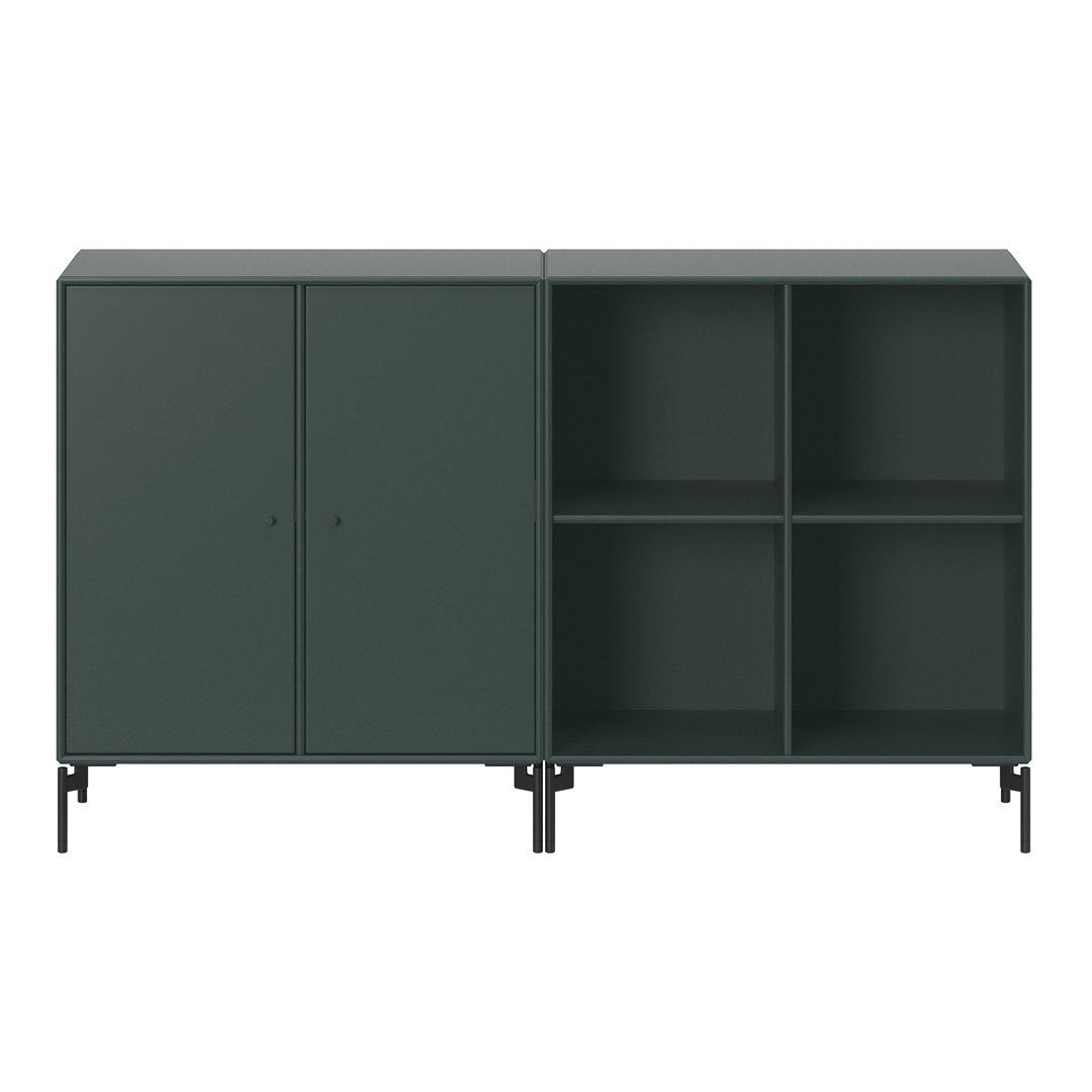 Dark green cabinet with a smooth finish, featuring a minimalist design and simple geometric patterns.