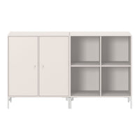 Light beige two-tone cabinet with smooth surfaces and minimalist design, featuring solid doors and open shelving.