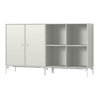 White modern cabinet with sleek lines and minimalistic design, featuring smooth surfaces and a light gray metal base.
