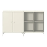 Modern light gray storage cabinet with a minimalist design and multiple open and closed sections.
