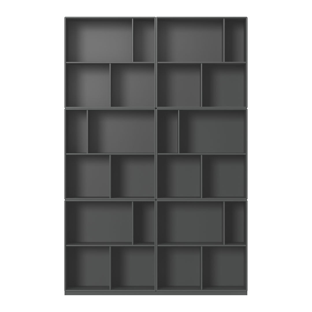Gray modular shelving unit with various geometric open compartments, perfect for modern decor.