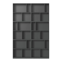 Gray modular shelving unit with various geometric open compartments, perfect for modern decor.