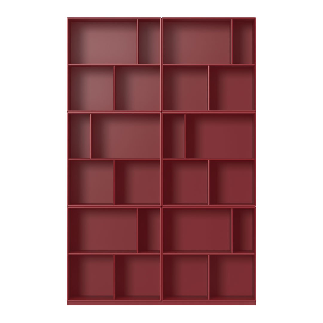 Red bookshelf with a geometric pattern of open compartments, perfect for stylish organization.