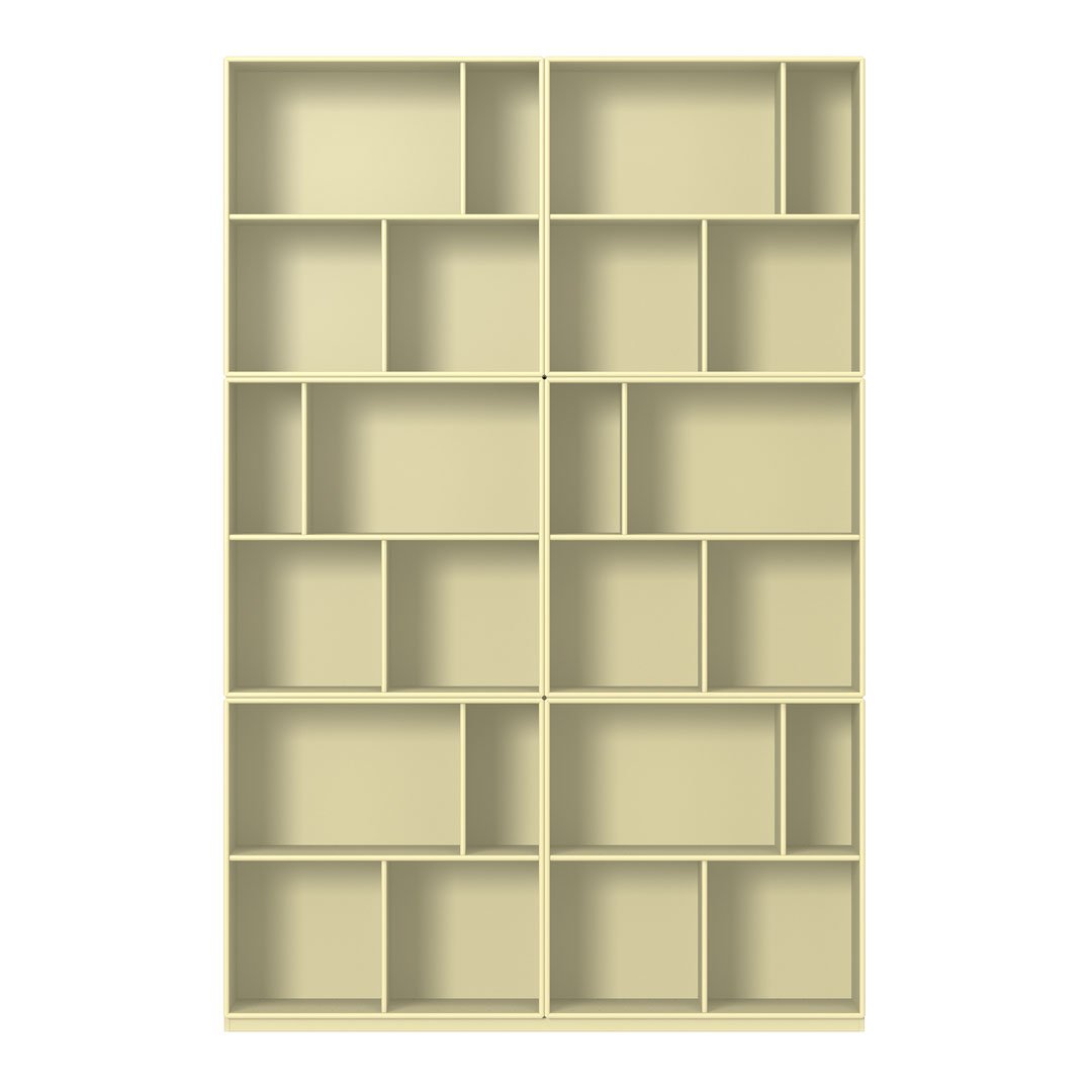 Light yellow shelving unit with multiple grid-patterned compartments for versatile storage solutions.