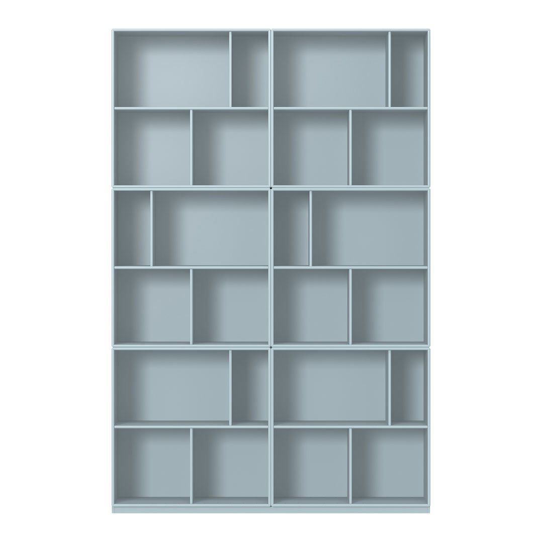 Light blue bookshelf featuring a geometric pattern of varying box sizes and open shelves for versatile storage.