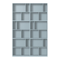Light blue bookshelf featuring a geometric pattern of varying box sizes and open shelves for versatile storage.