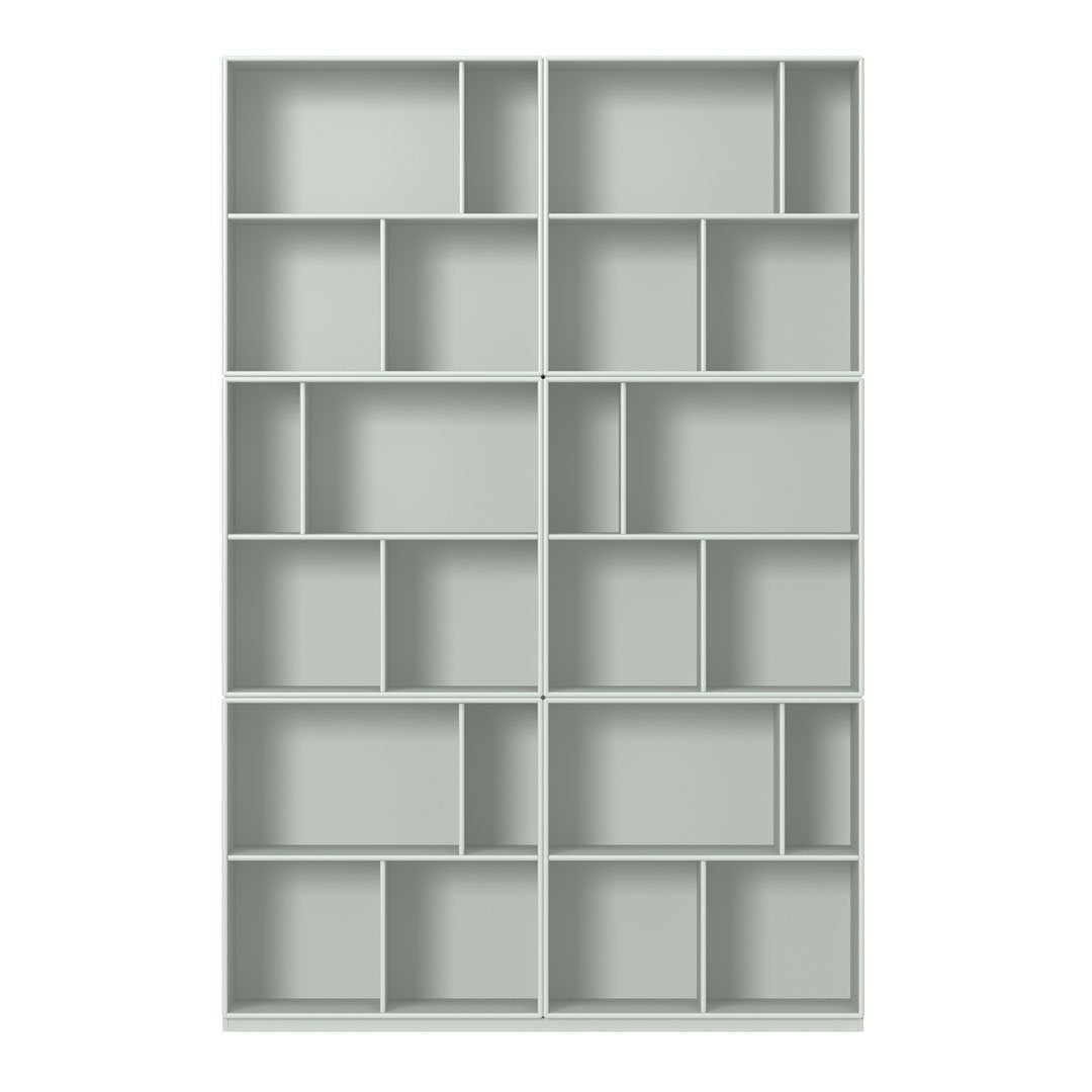 Light green shelving unit with a grid pattern and multiple compartments for stylish storage and organization.