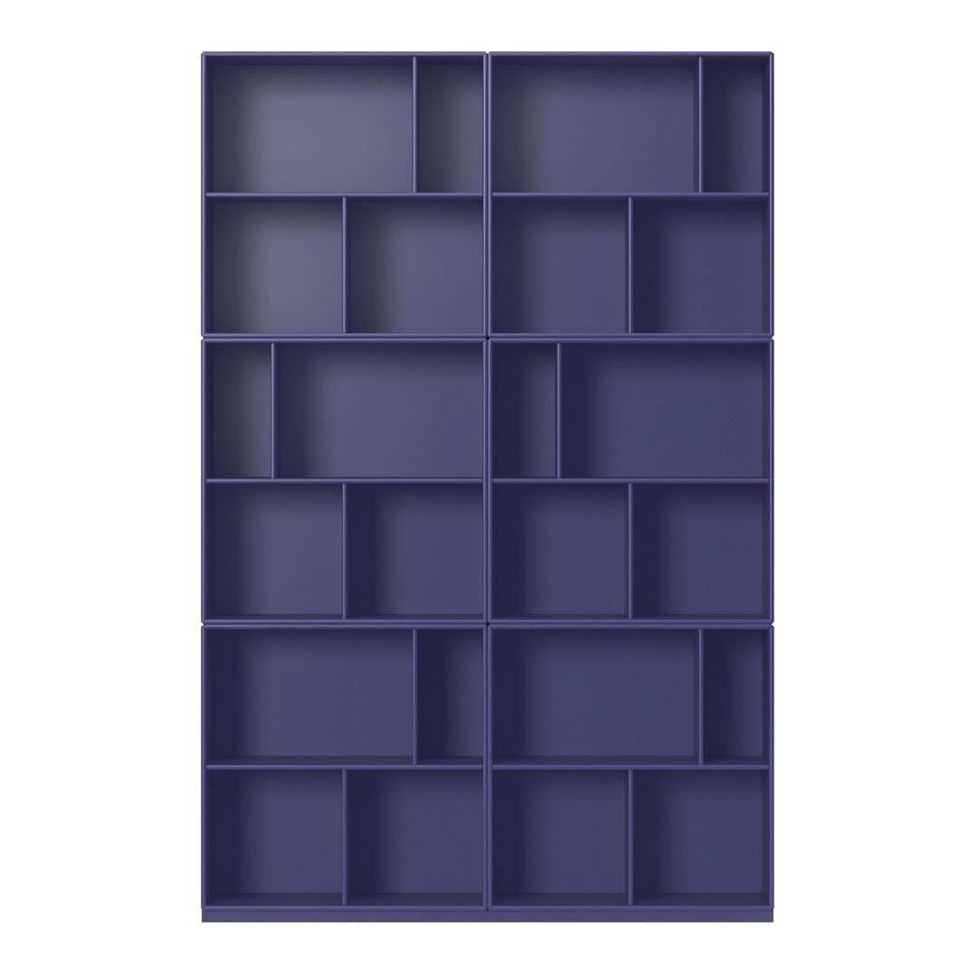 Dark purple bookshelf with a modern geometric pattern and multiple compartments for organization.
