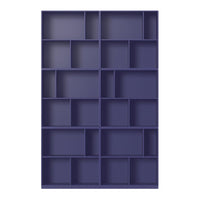 Dark purple bookshelf with a modern geometric pattern and multiple compartments for organization.