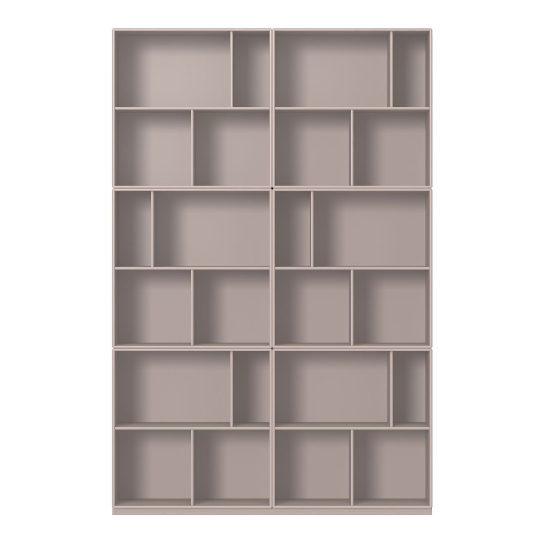 Light taupe bookshelf with a modern grid pattern, featuring multiple compartments for versatile storage.