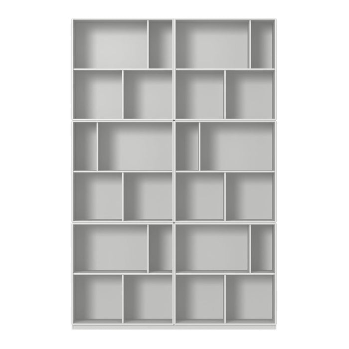 Gray bookshelf with a modern design, featuring various sized open compartments and a sleek finish.