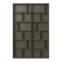 Olive green shelving unit with symmetrical grid pattern and multiple rectangular compartments for versatile storage.