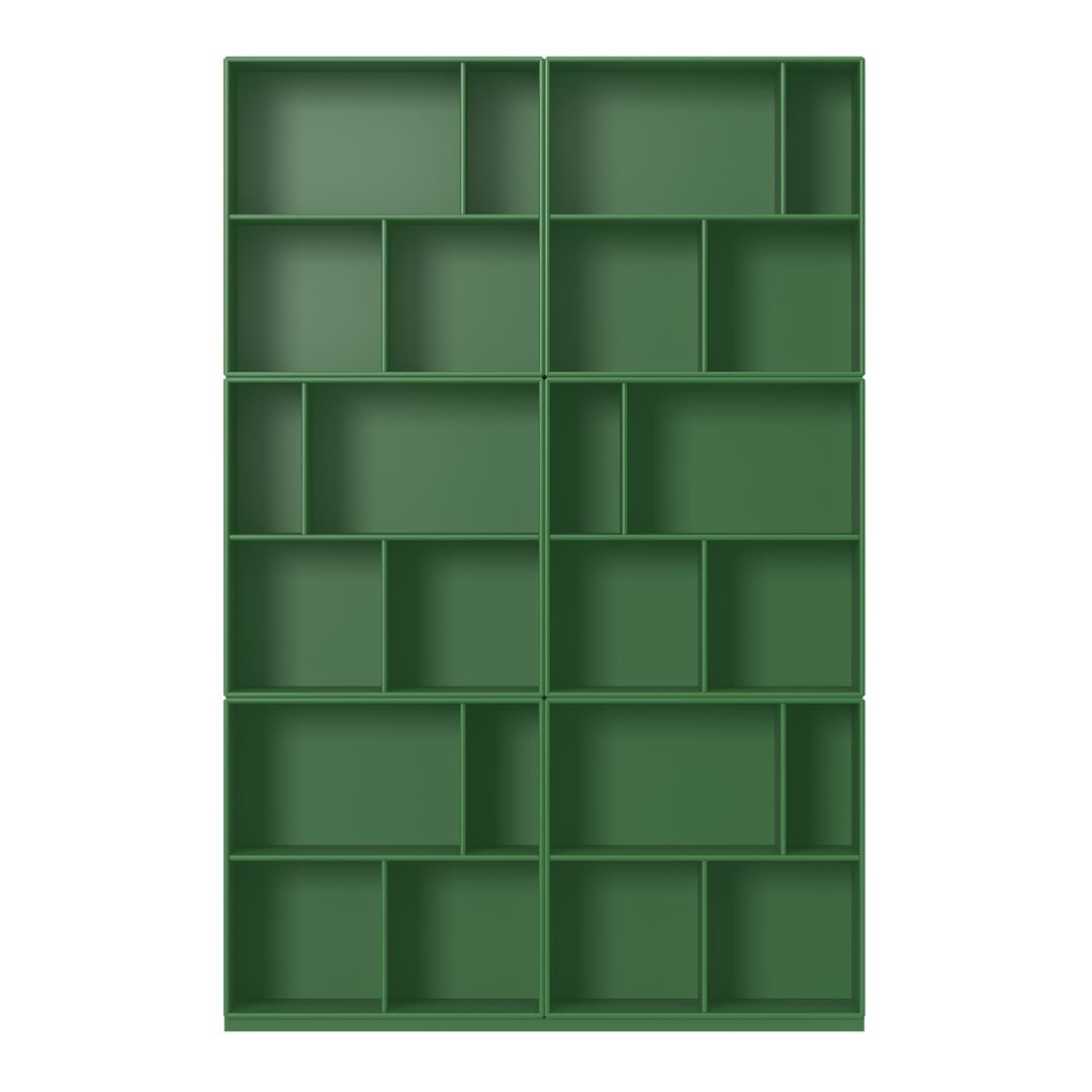 Green modular shelving unit with geometric patterns and varying compartment sizes for versatile storage.