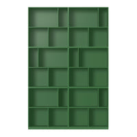 Green modular shelving unit with geometric patterns and varying compartment sizes for versatile storage.