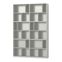 Gray modular bookshelf with geometric open compartments, perfect for modern decor and organization.