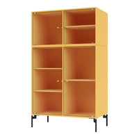 Bright yellow cabinet with ribbed texture and black metal legs, featuring four open compartments and two glass doors.