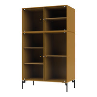 Stylish mustard yellow cabinet with ribbed texture and black metal legs, featuring four open compartments.