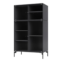 Modern black cabinet with ribbed texture and sleek metal legs, perfect for minimalist decor.