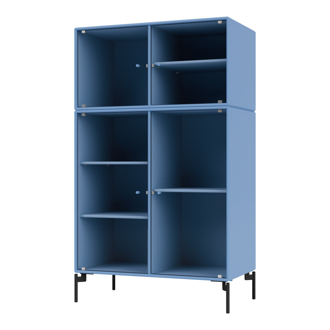 Blue ribbed storage cabinet with four compartments and black metal legs. Modern design for versatile home decor.