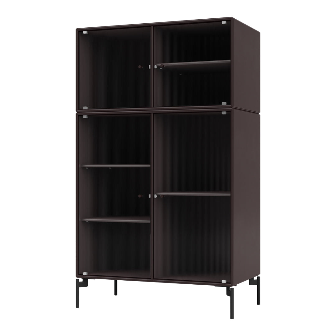 Dark brown cabinet with textured vertical patterns and sleek black metal legs, perfect for modern decor.