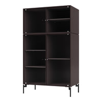 Dark brown cabinet with textured vertical patterns and sleek black metal legs, perfect for modern decor.