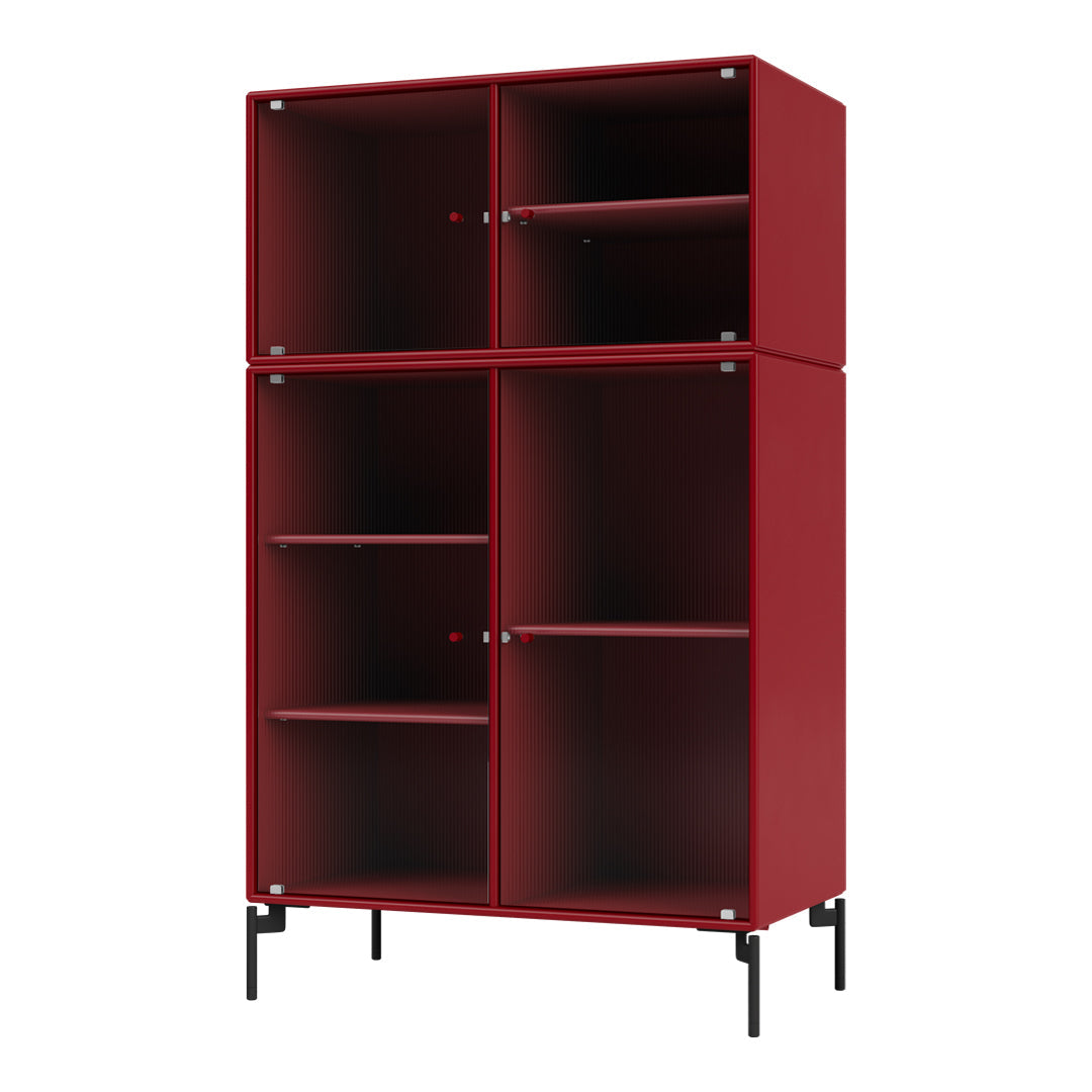 Red cabinet with textured striped pattern and black metal legs; features glass doors and open shelving.