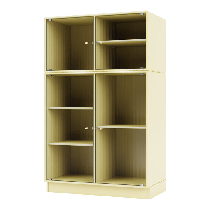 Light beige storage cabinet with a smooth surface and six open compartments. Minimalist design, perfect for organizing.