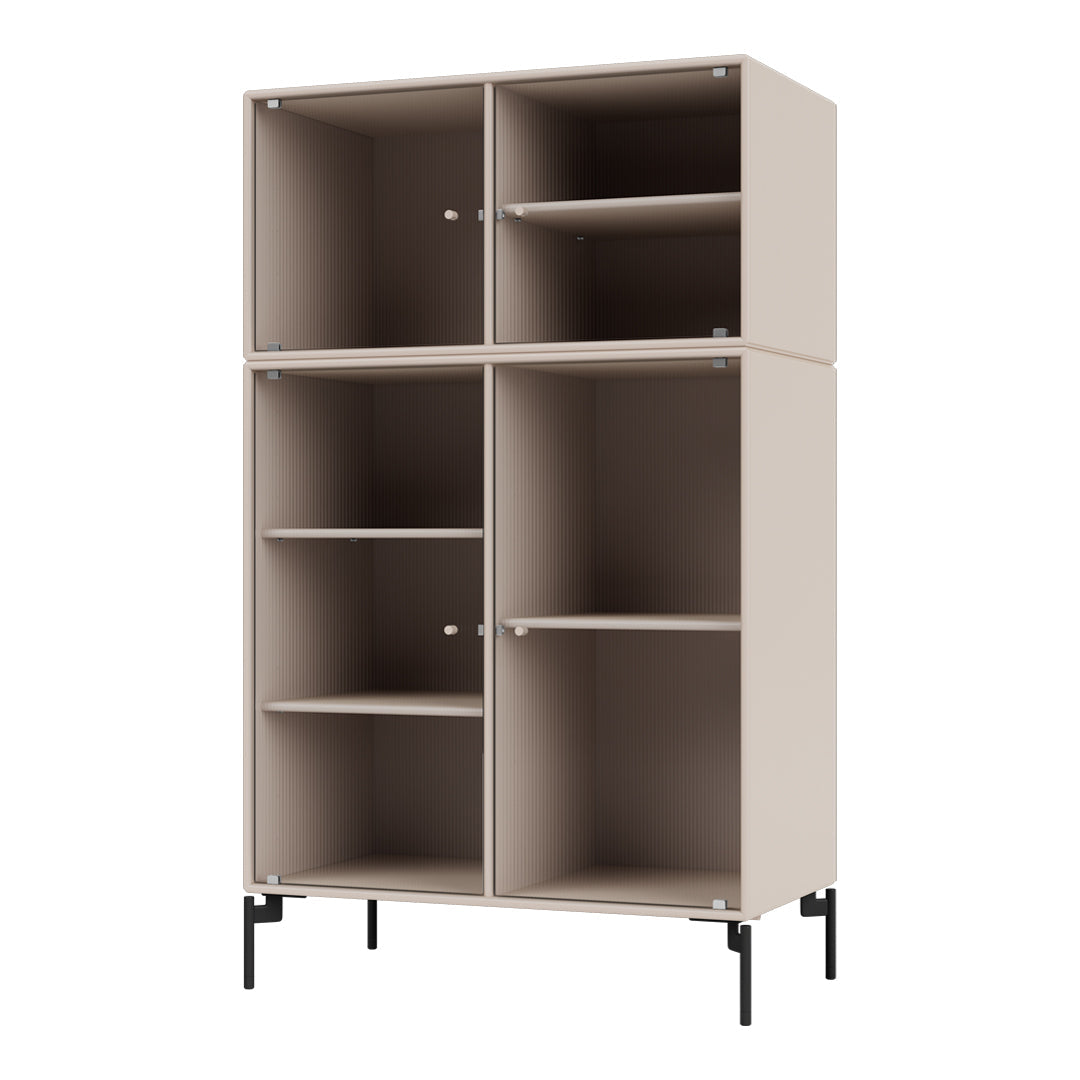 Beige cabinet with vertical ribbed texture and black metal legs, featuring four open compartments and two doors.