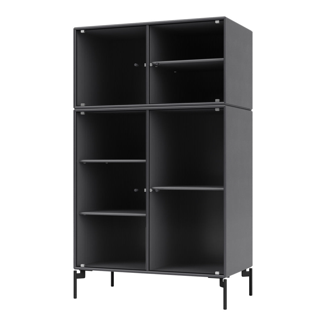 Modern black cabinet with vertical ribbed pattern, featuring sleek metal legs and open shelving. Perfect for minimalist decor.
