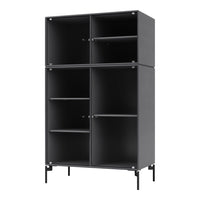 Modern black cabinet with vertical ribbed pattern, featuring sleek metal legs and open shelving. Perfect for minimalist decor.