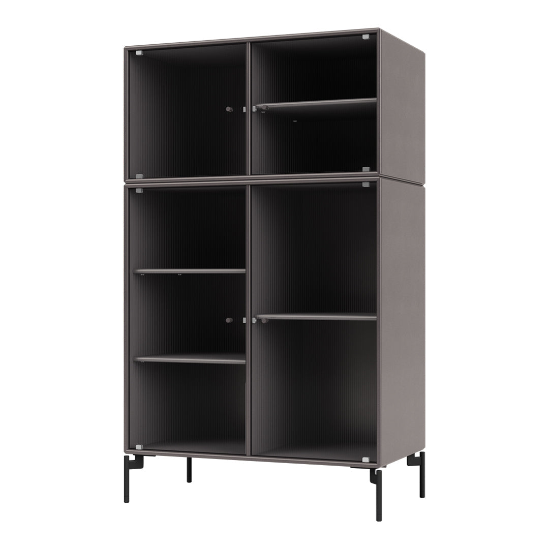 Gray cabinet with vertical ribbed pattern and black metal legs, featuring four spacious compartments.
