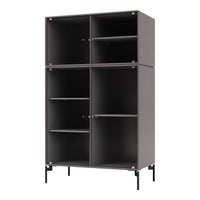 Gray cabinet with vertical ribbed pattern and black metal legs, featuring four spacious compartments.
